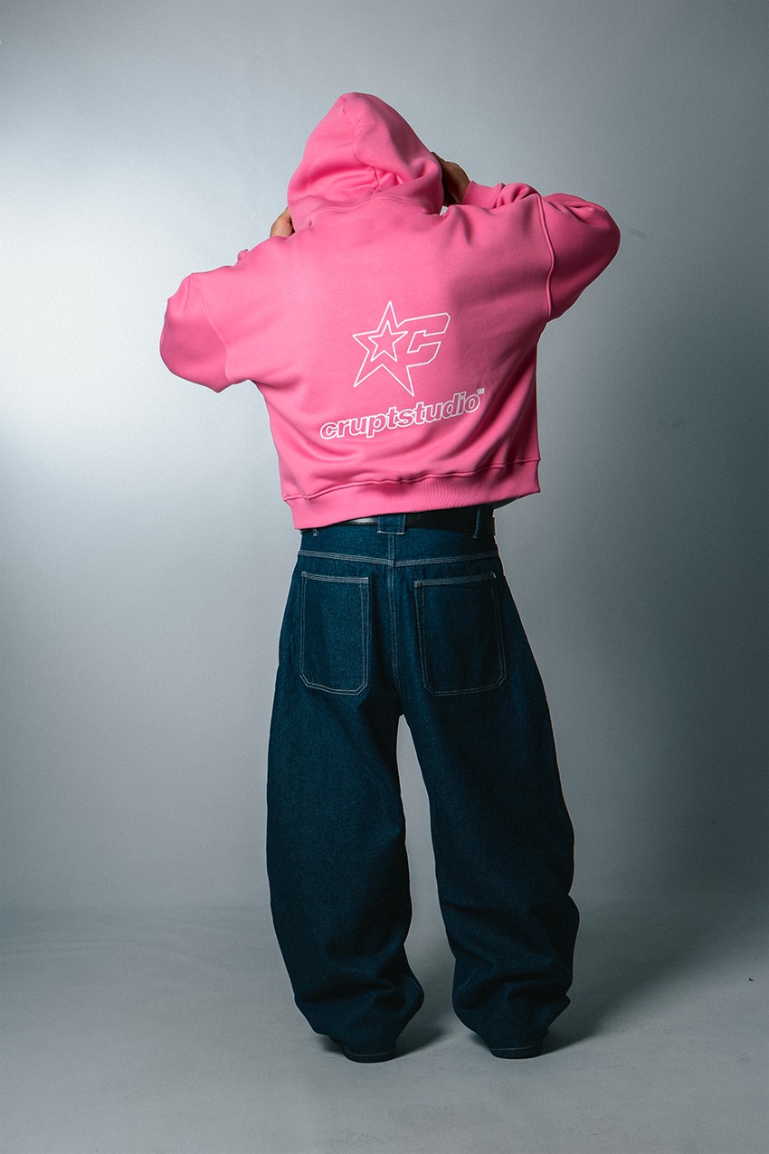 Starcore Pembe Boxy Crop Erkek Ceket Zip Hoodie - Aksesuarix