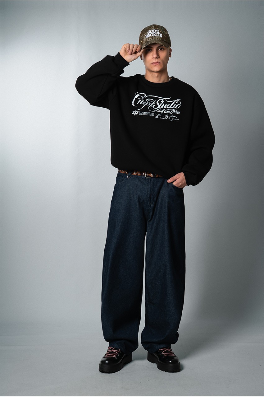 White Pure Chaos Oversize Siyah Erkek Sweatshirt - Aksesuarix