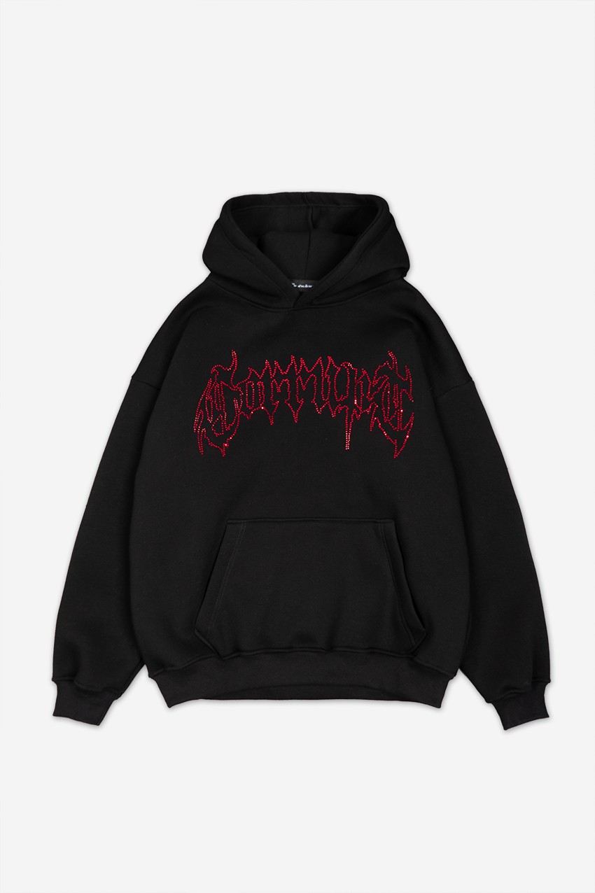 Rhinestones Kırmızı Taşlı Corrupt Oversize Hoodie - Aksesuarix