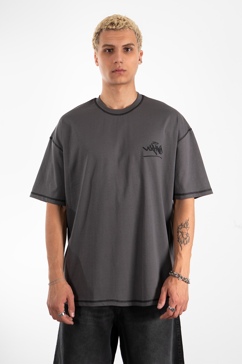 Kontrast Dikiş Classic Logo Oversize Füme Erkek Tişört